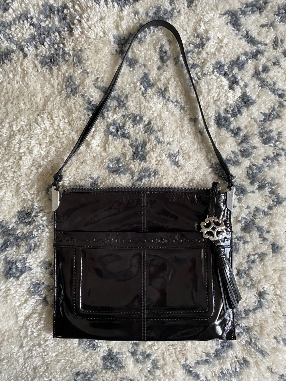 Brighton Black Patent Leather Shoulder Bag with Tassel Charm Western Vintage
